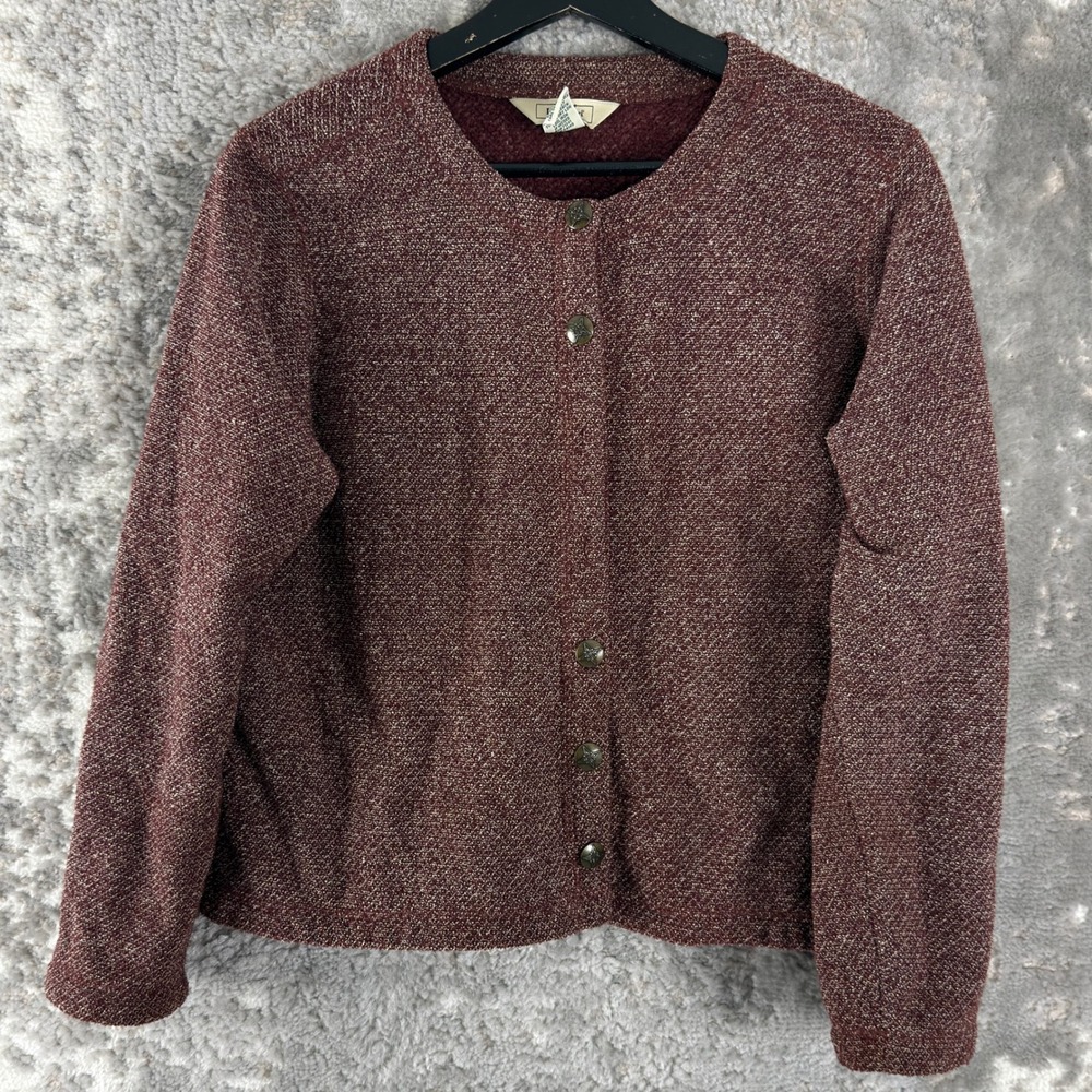 L.L.Bean Size Small Button Up Fleece Marled Knit Cardigan Burgundy‎ Long Sleeve